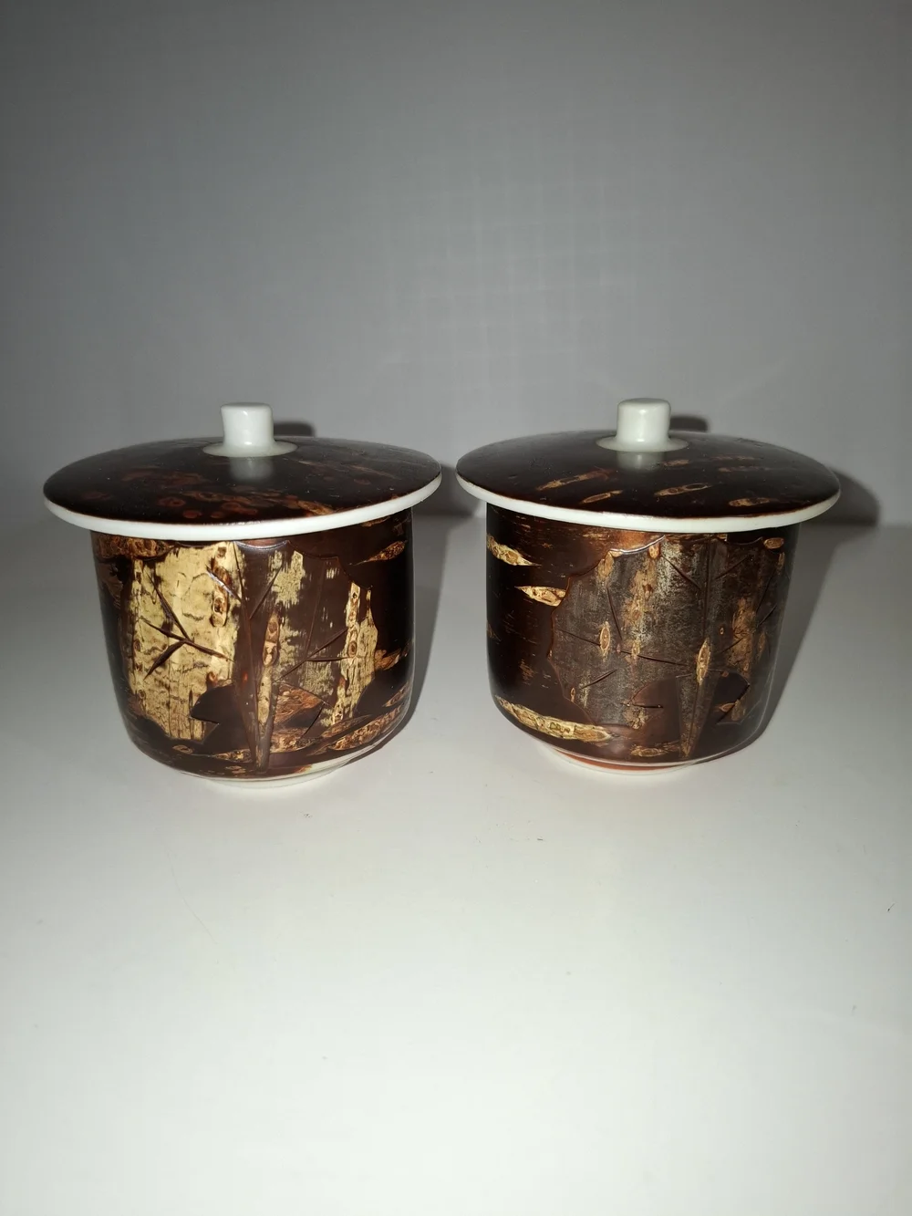 Ceramic Lidded Japense Tea Cups - Real Cherry Bark Inlay Set of 2